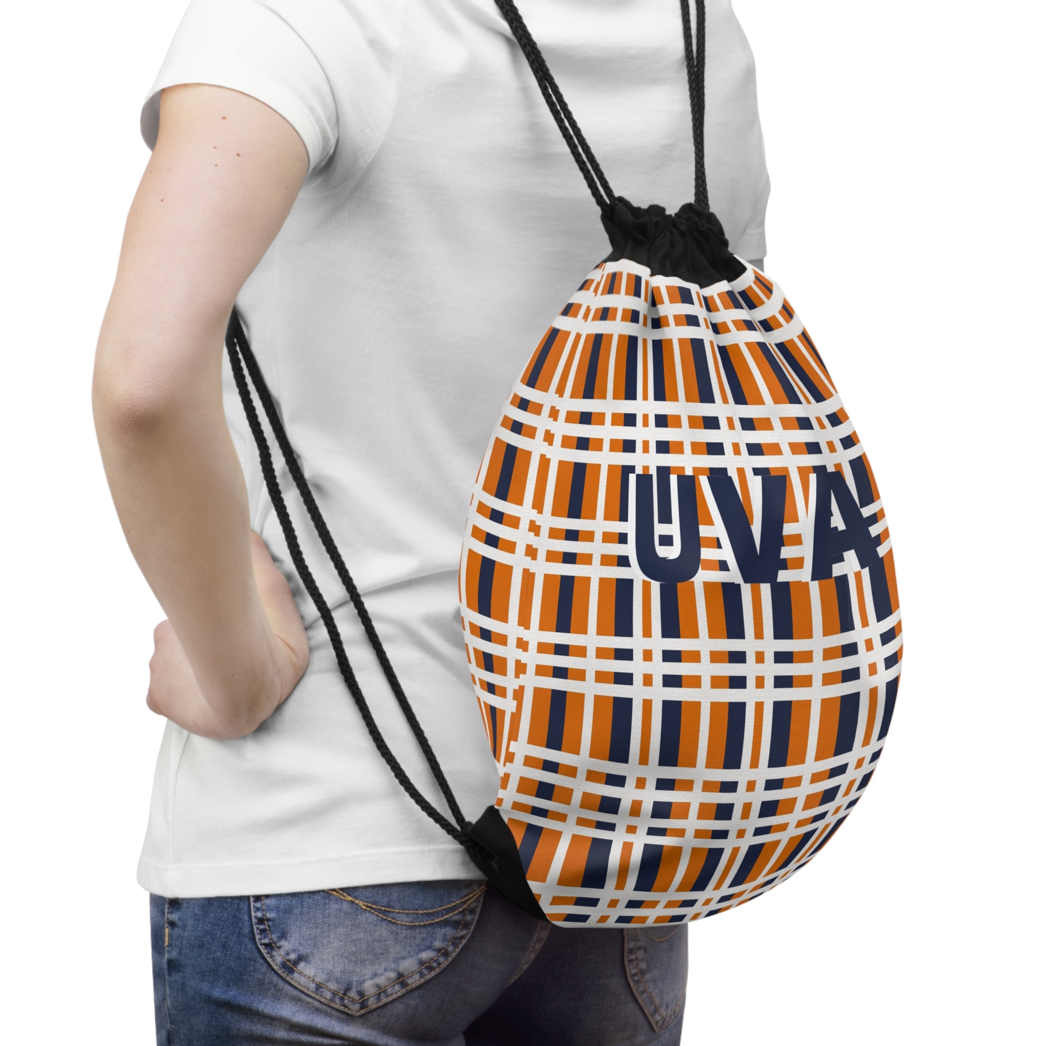 University Spirit Drawstring Bag - UVA Plaid Design for Students, Gym, Travel, Sports Events, Gifts