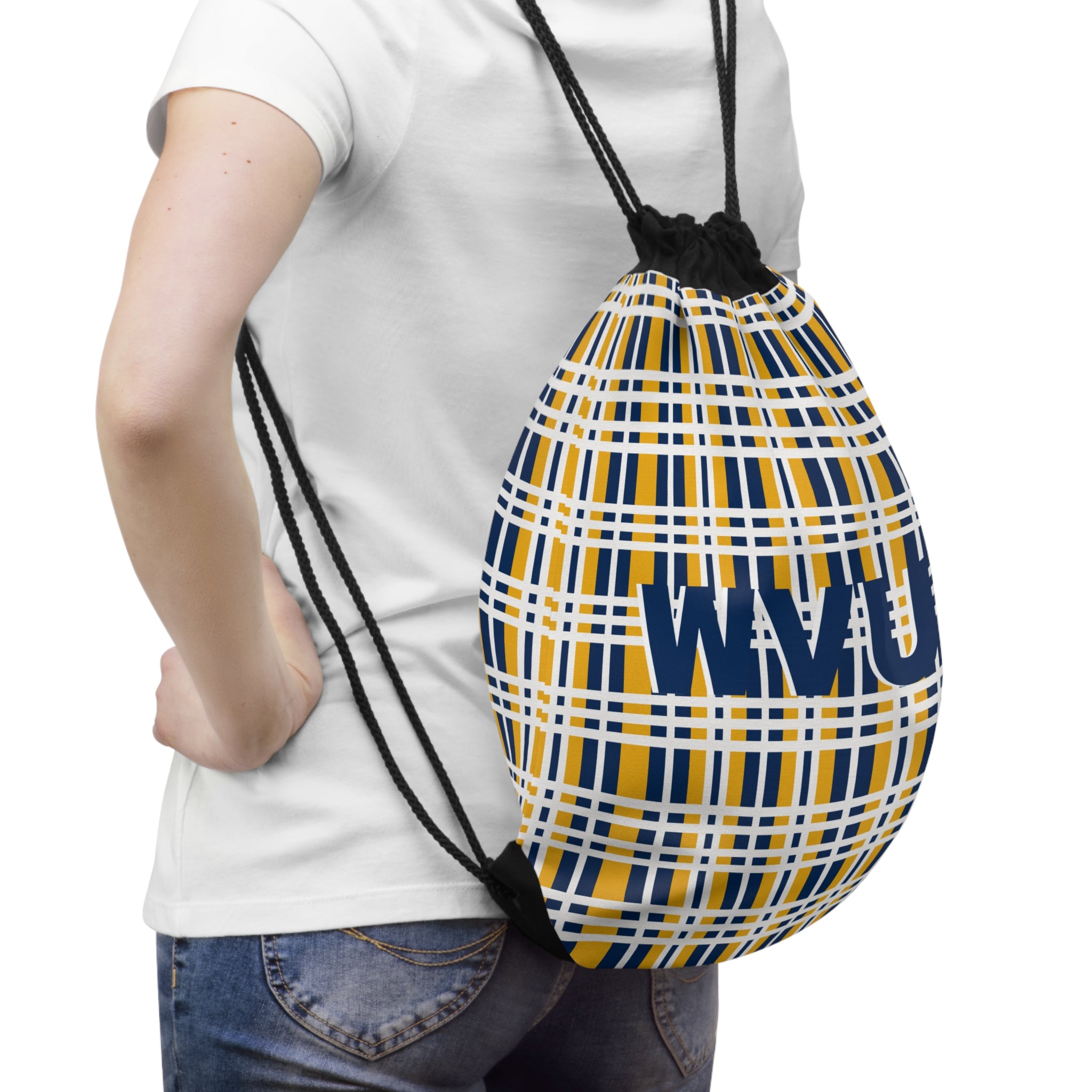 Stylish Plaid Drawstring Bag for Students, WVU Spirit Bag, Gym Sack, Casual Tote, School Backpack