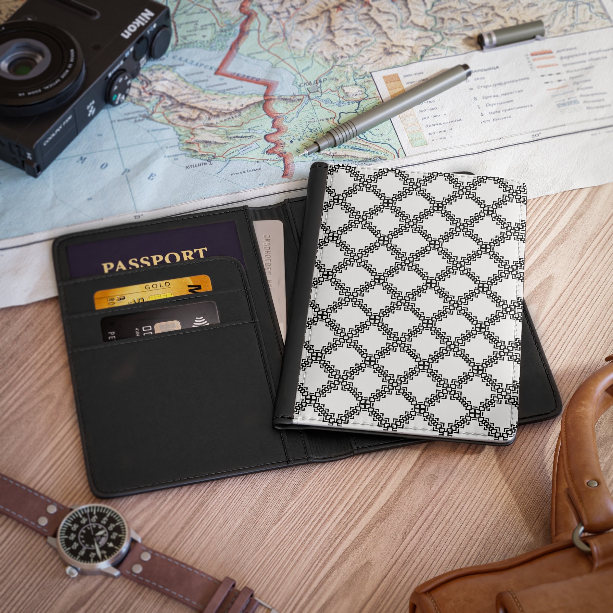 Chic Travel Passport Cover, Stylish Travel Accessory, Gift for Travelers, Black and White Design, Personalized Trip Planner