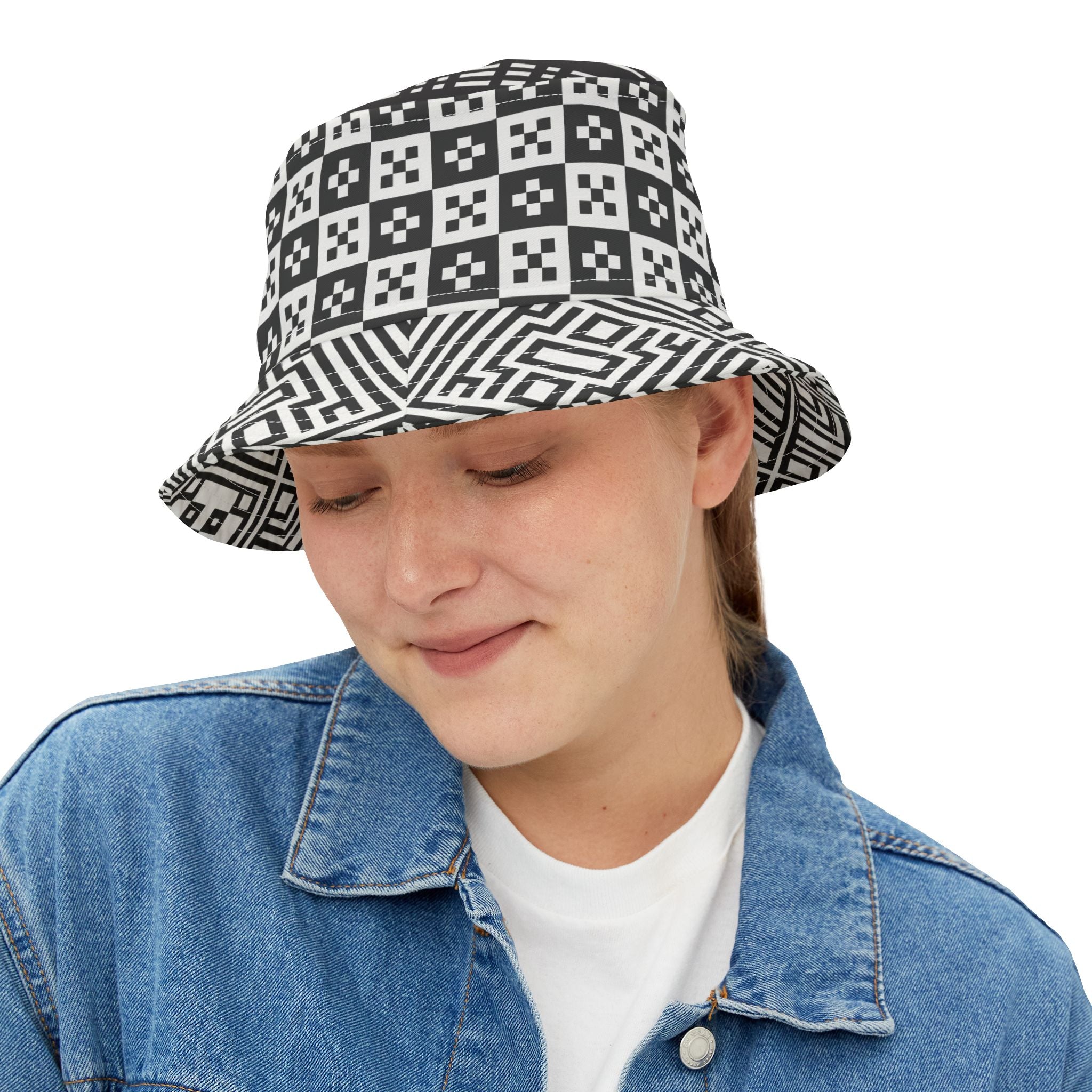 Stylish Black and White Bucket Hat, Trendy Sun Hat, Summer Accessory, Festival Hat, Unisex Beach Hat, Graphic Pattern Hat