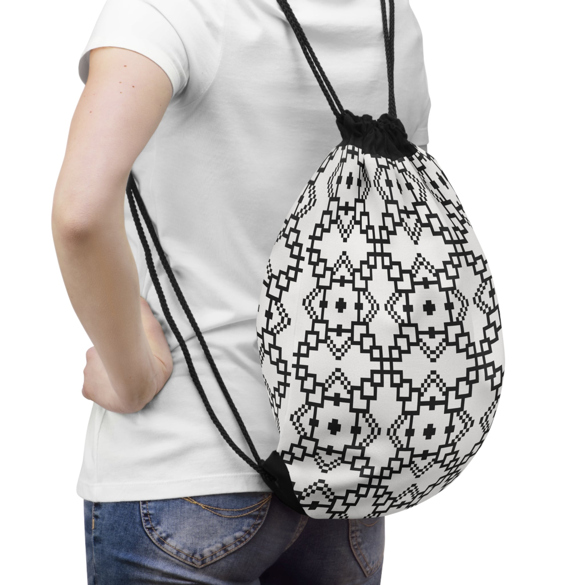 Stylish Geometric Drawstring Bag for Everyday Use, Gym, Travel, School, Gifts, Minimalist Design, Black and White Pattern