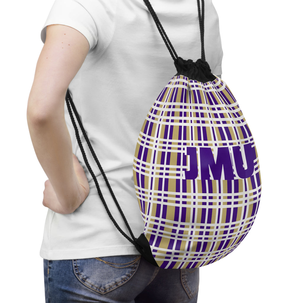 JMU Plaid Drawstring Bag for School, Gym or Travel, Perfect for Students, Sports Teams, Gifts, and Campus Life
