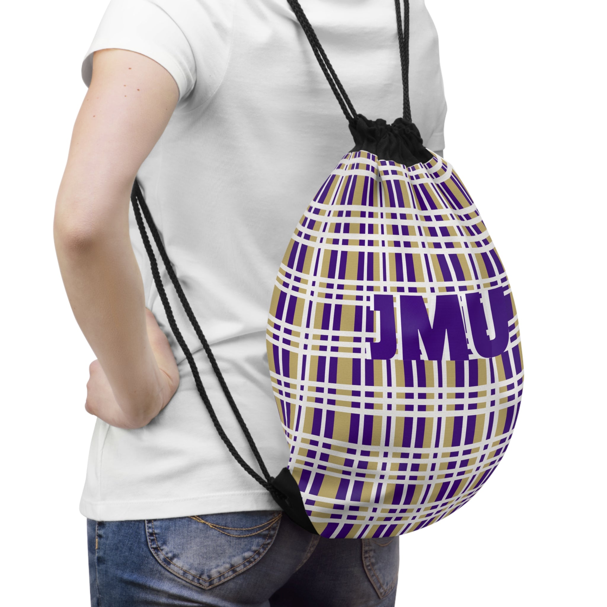 JMU Plaid Drawstring Bag for School, Gym or Travel, Perfect for Students, Sports Teams, Gifts, and Campus Life