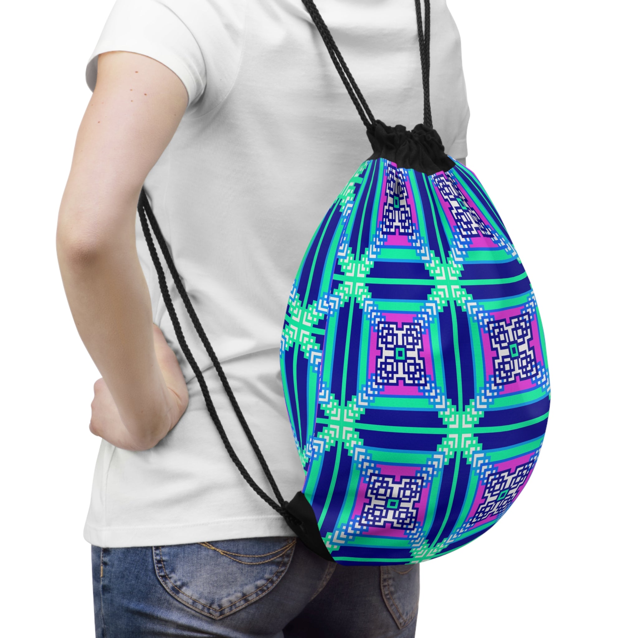 Vibrant Geometric Drawstring Bag, Sports Bag, Gym Sack, Gift for Her, Summer Outing, Travel Accessory, Festival Must-Have