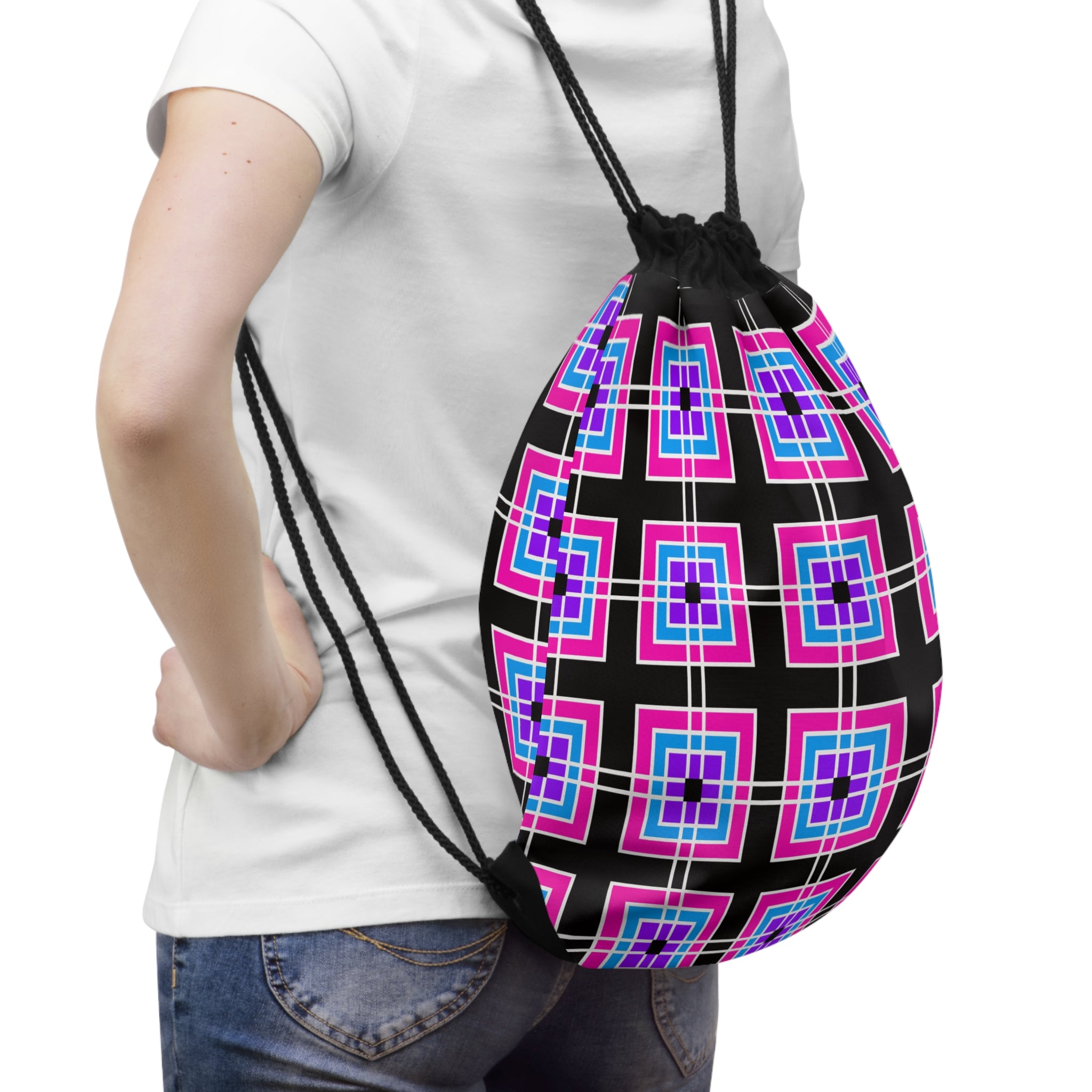 Colorful Geometric Drawstring Bag, Stylish Gym Bag, Tote, Travel Bag, Party Favor, Fun Accessory
