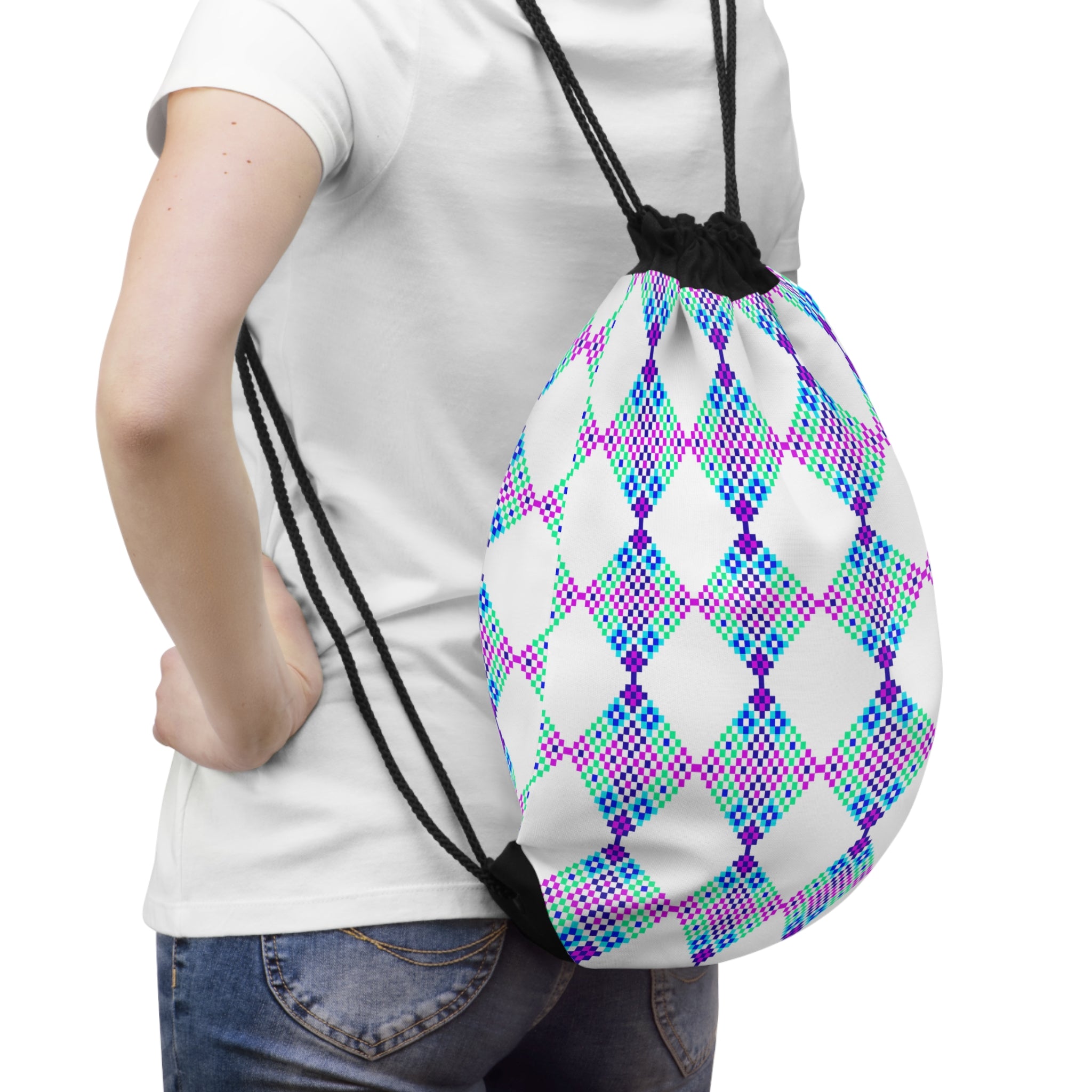 Colorful Geometric Drawstring Bag | Stylish Gym Sack, Travel Tote, Gift for Her, Casual Backpack, Summer Accessories