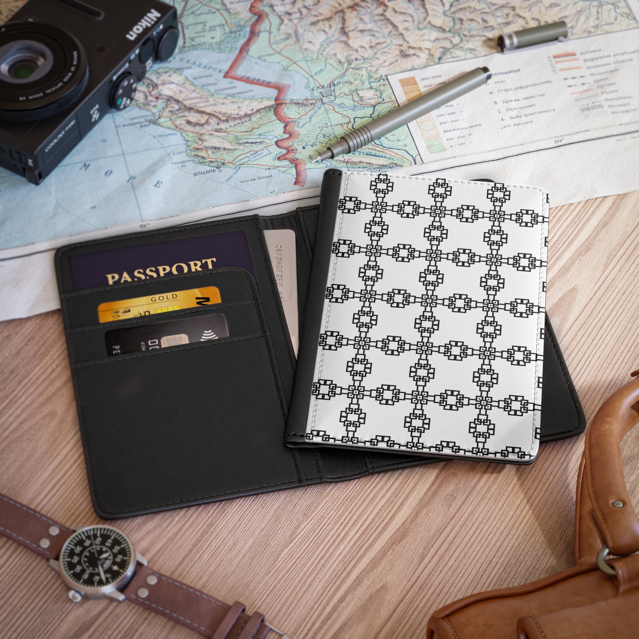 Chic Passport Cover for Travelers, Stylish Travel Accessory, Unique Gift for Wanderers, Customizable Passport Holder, Black and White [...]