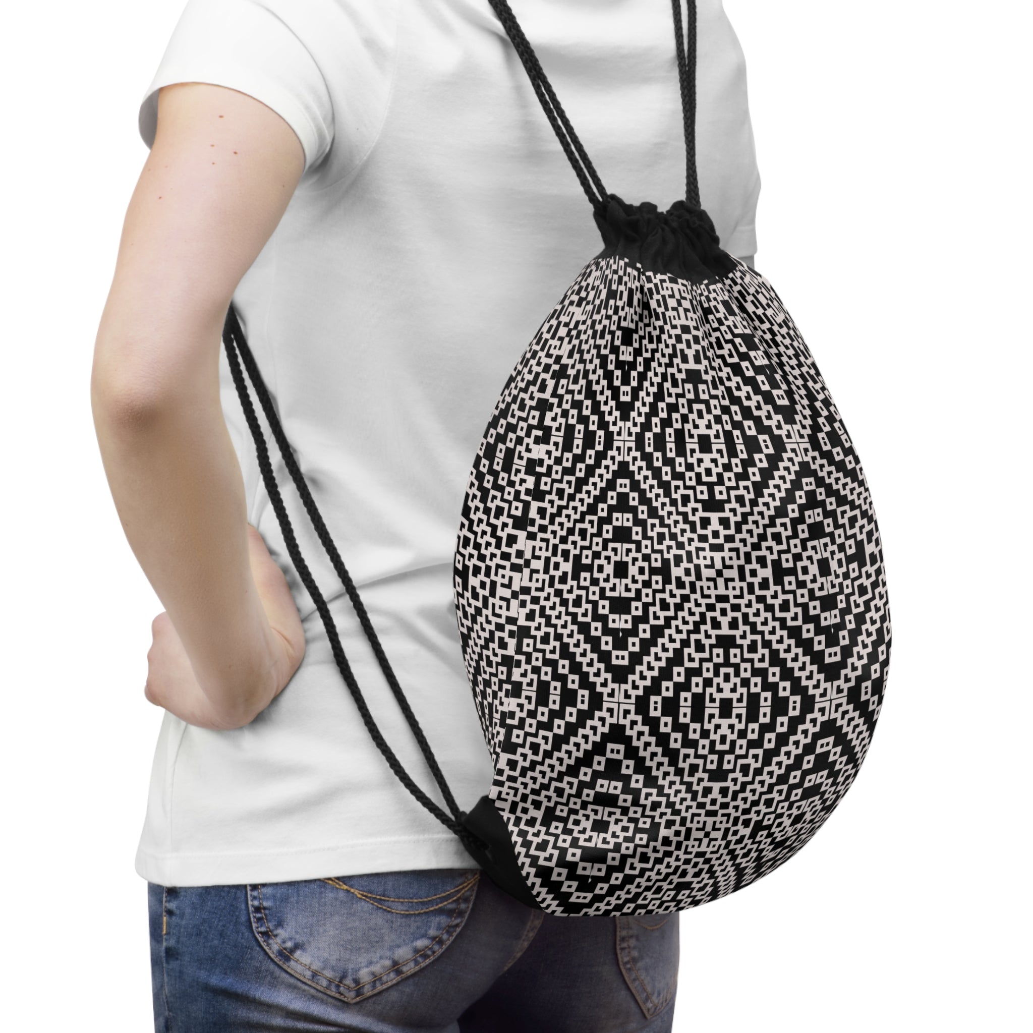 Chic Geometric Drawstring Bag, Stylish Gym Sack, Modern Tote, Ethnic Pattern Backpack, Trendy Travel Storage