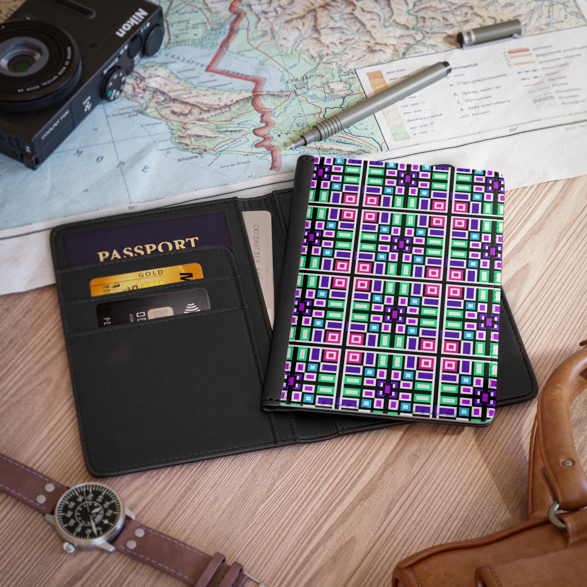 Colorful Geometric Passport Cover - Travel Accessory, Gift for Adventurers, Patterned Passport Wallet, Unique Travel Essentials