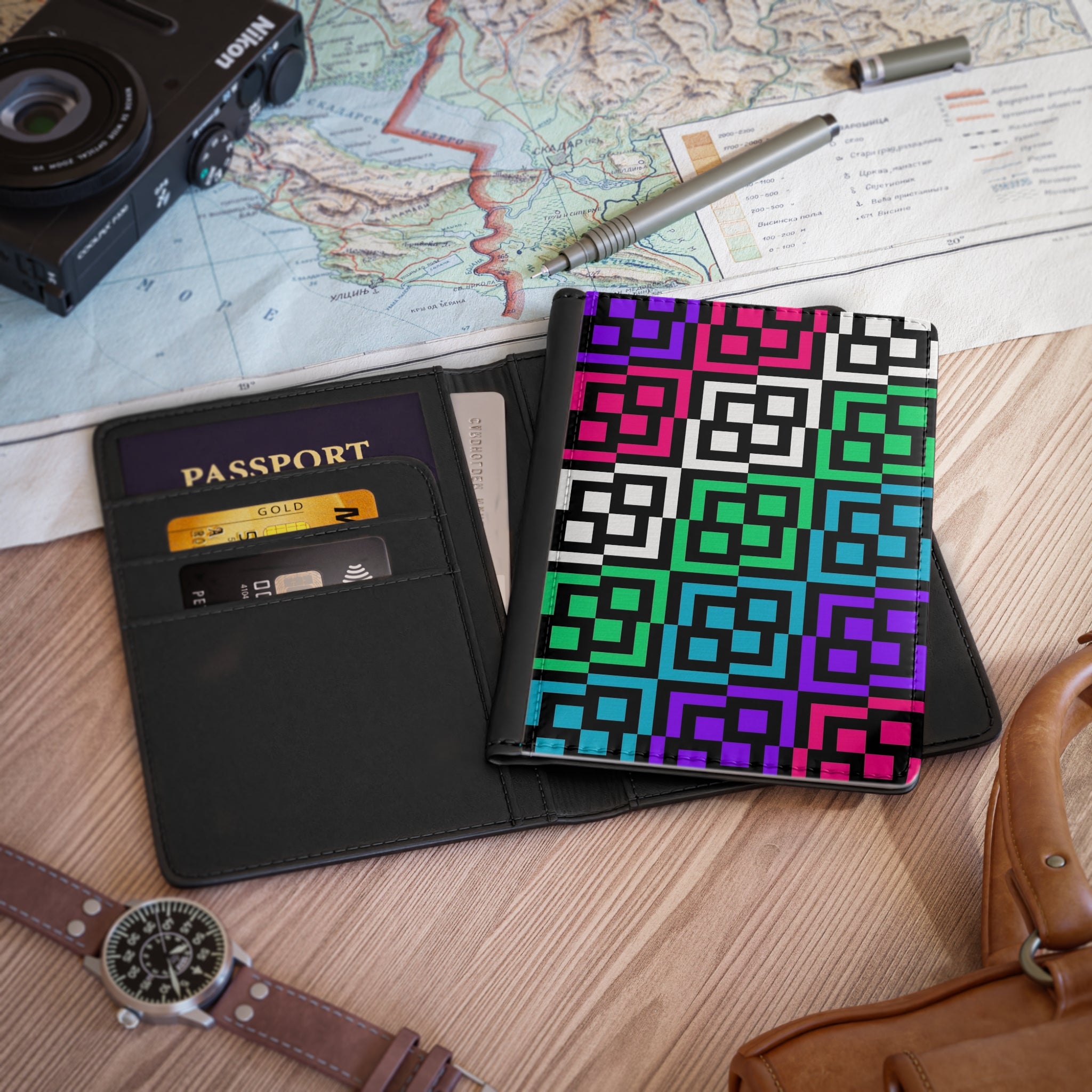 Colorful Geometric Passport Cover - Travel Accessory, Gift for Travelers, Vacation Fun, Unique Design, Handmade Travel Case