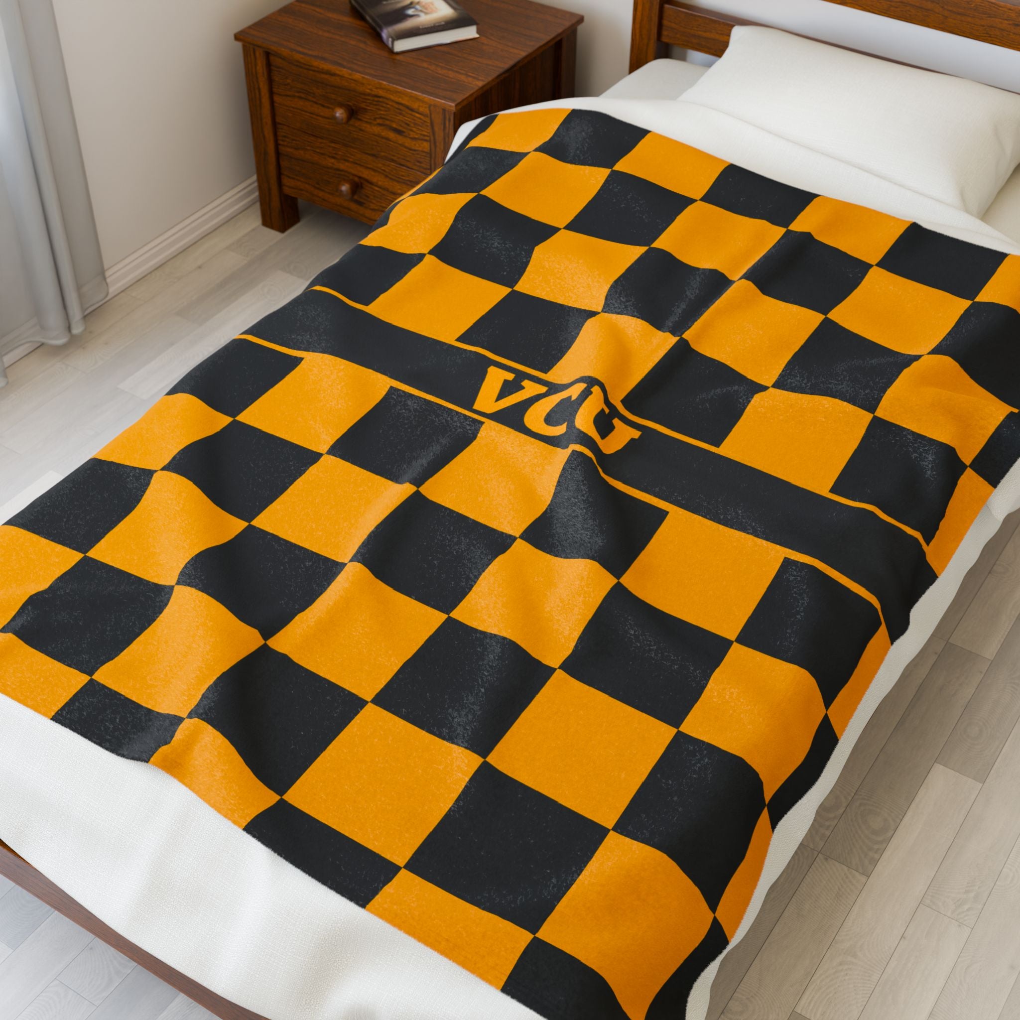 VCU Checkerboard Velveteen Plush Blanket, Cozy Sport Throw, Game Day Blanket, Graduation Gift, Unique Home Decor
