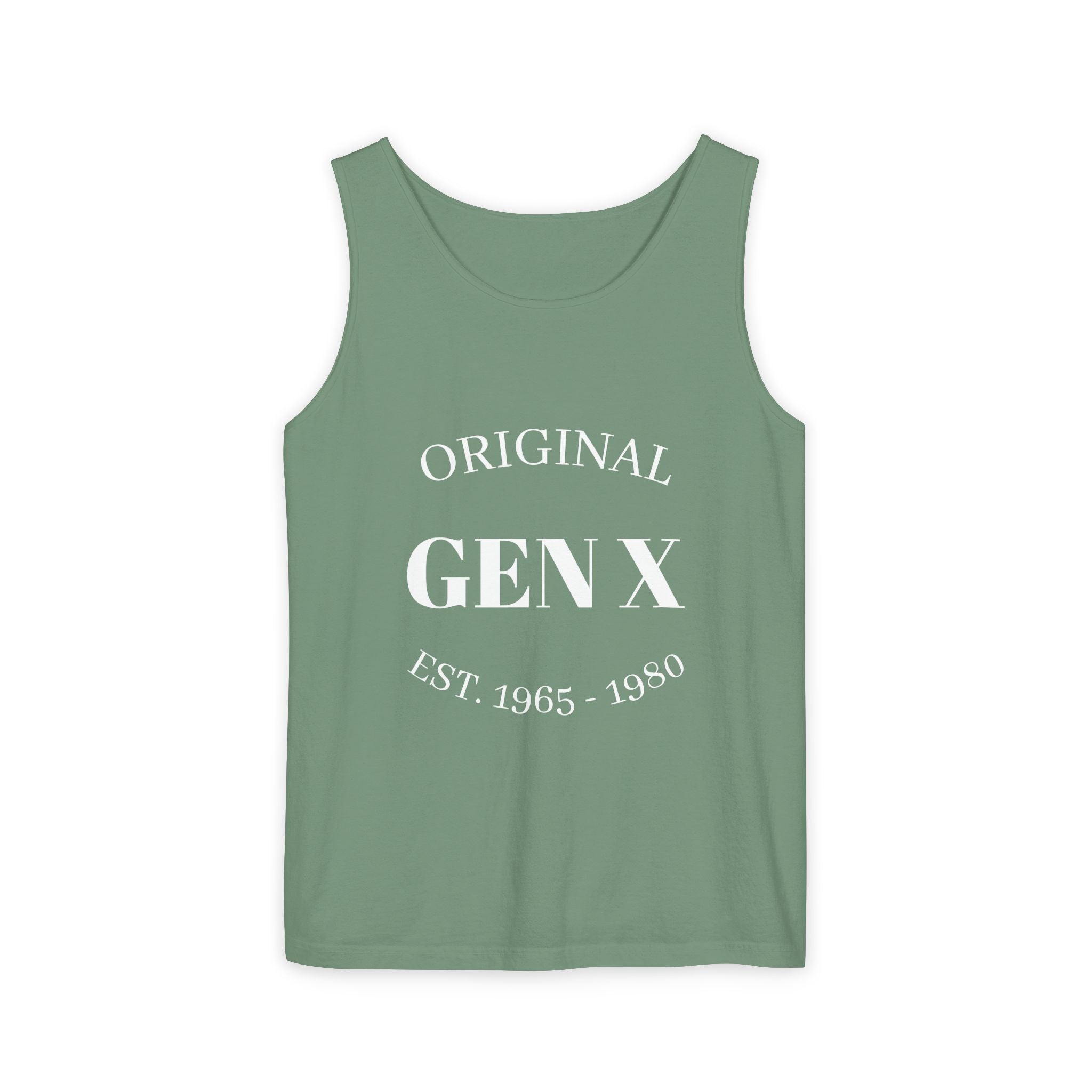 Original Gen X Unisex Garment-Dyed Tank Top, Vintage Gen X Apparel, Nostalgic Summer Wear, Retro Gift for Gen Xers, Est. 1965-1980