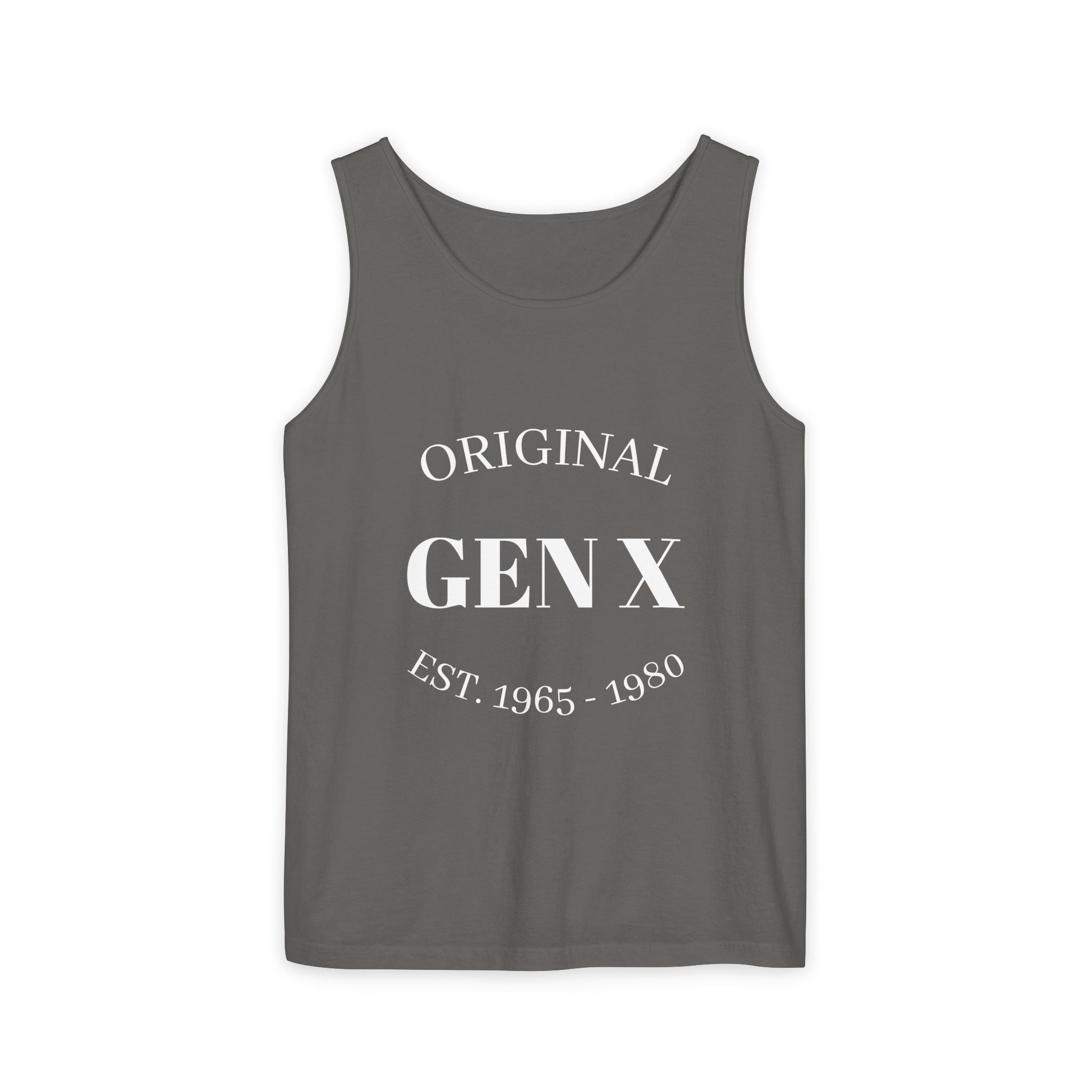 Original Gen X Unisex Garment-Dyed Tank Top, Vintage Gen X Apparel, Nostalgic Summer Wear, Retro Gift for Gen Xers, Est. 1965-1980