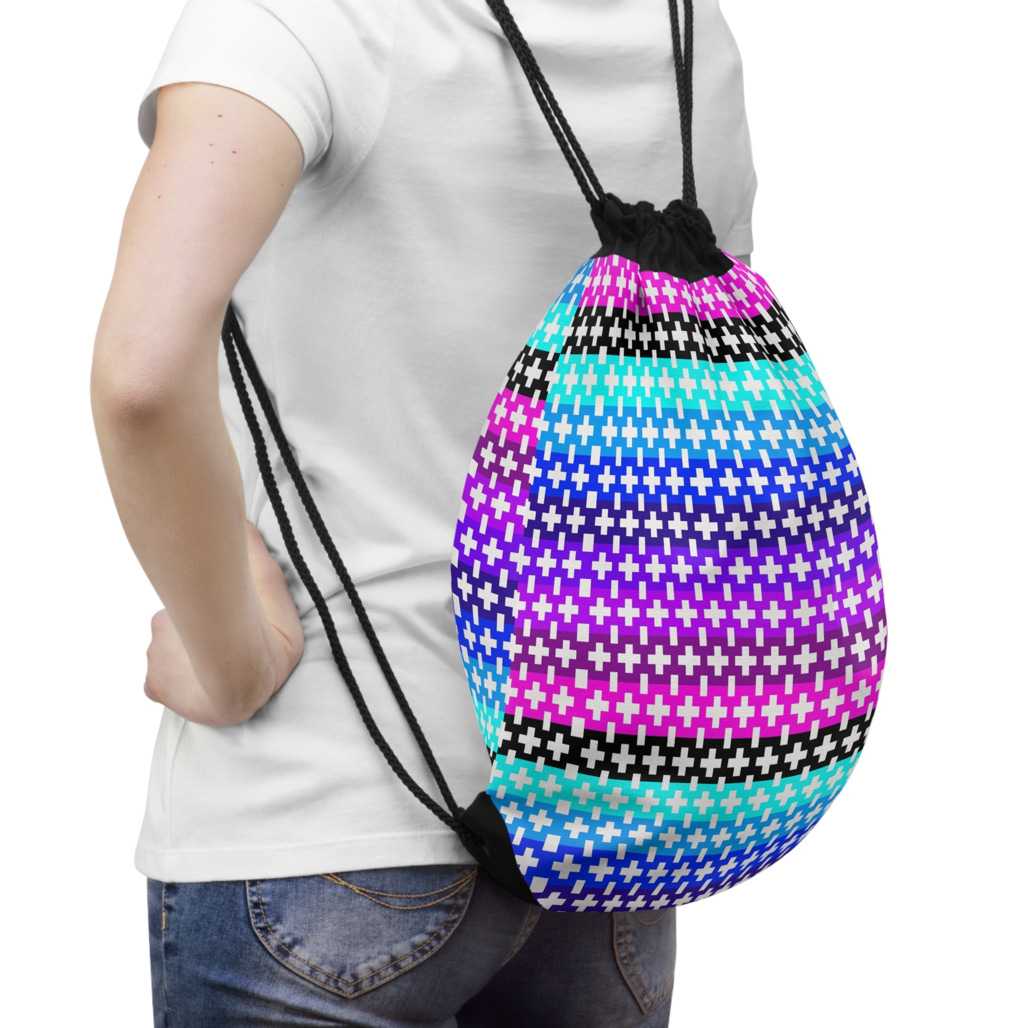 Vibrant Geometric Drawstring Bag, Colorful Gym Sack, Stylish Beach Bag, Unique Gift for Teens, Festival Accessory, Everyday Use