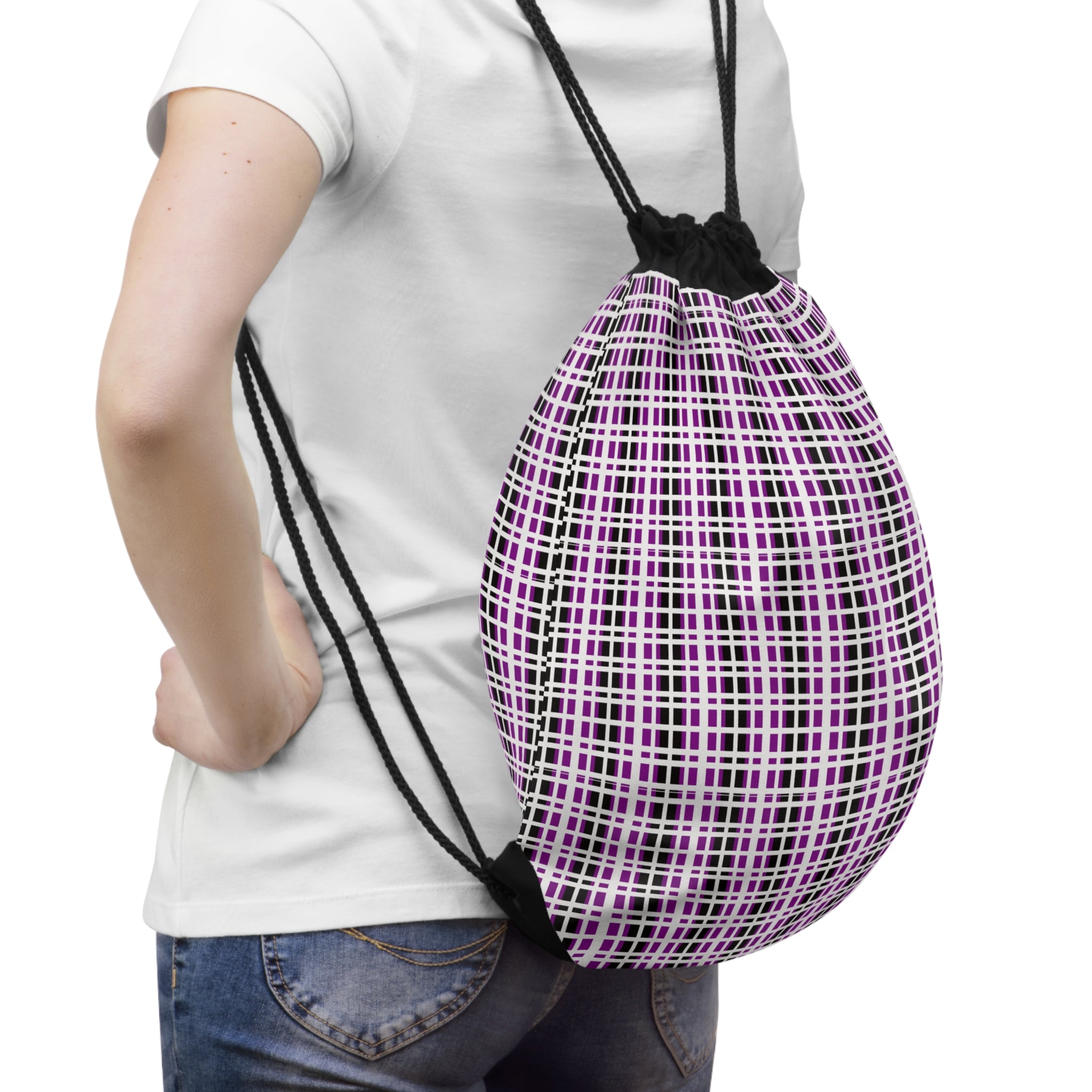Chic Pink Plaid Drawstring Bag - Stylish Gym Sack, Tote for Travel, School Backpack, Lightweight Storage, Gift for Her