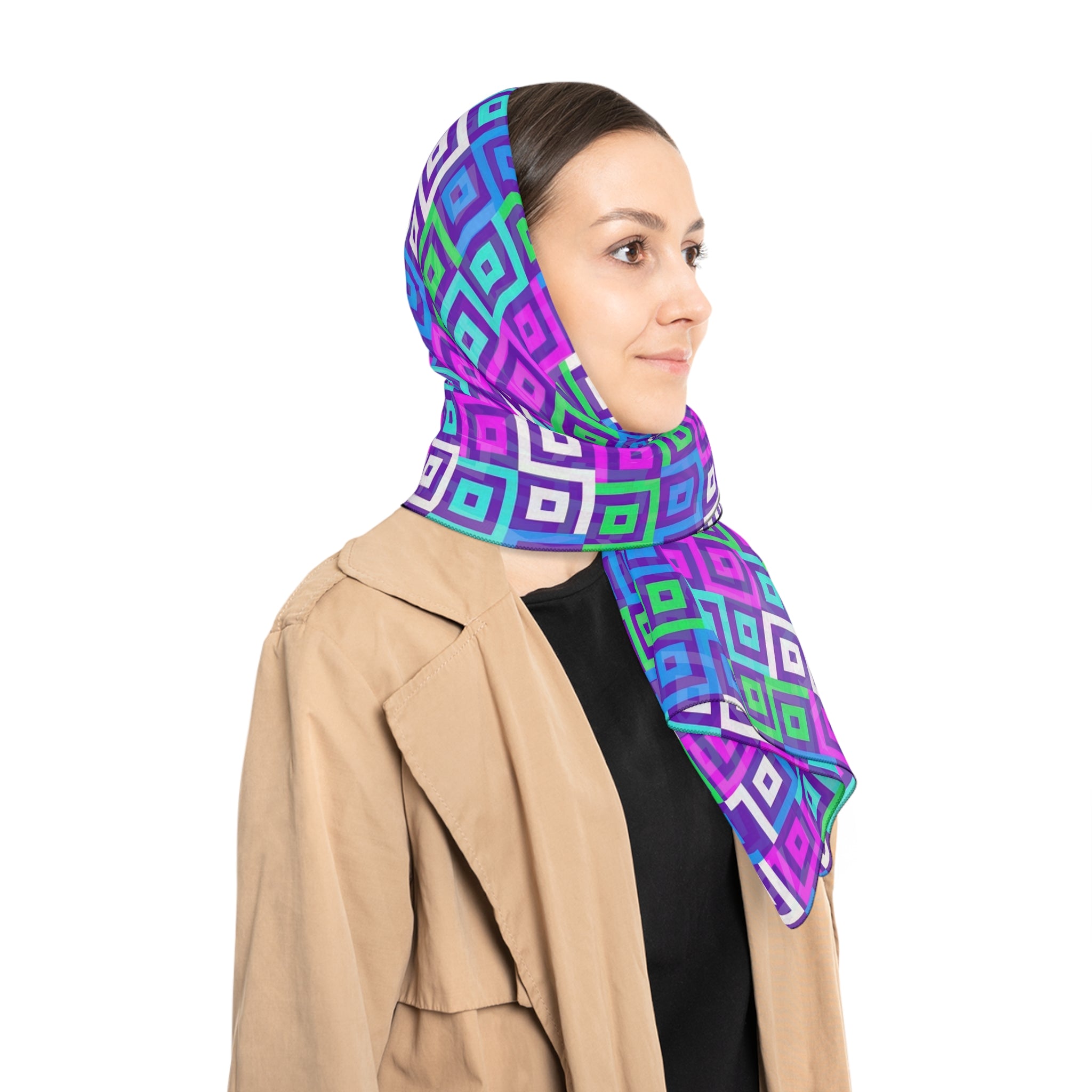 Vibrant Geometric Poly Scarf - Fashion Accessory, Gift Idea, Boho Chic, Stylish Wrap, Everyday Wear, Spring Fashion