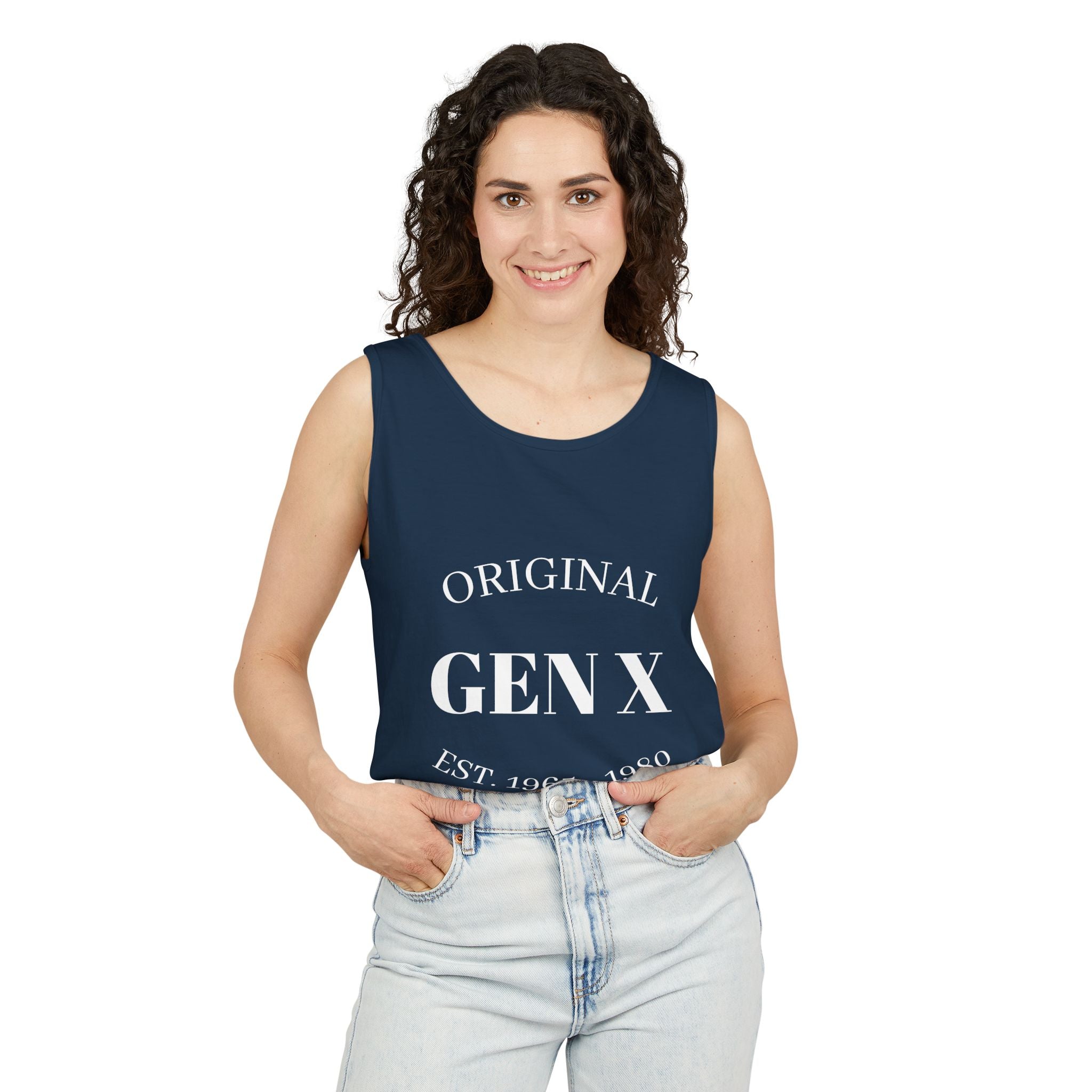 Original Gen X Unisex Garment-Dyed Tank Top, Vintage Gen X Apparel, Nostalgic Summer Wear, Retro Gift for Gen Xers, Est. 1965-1980